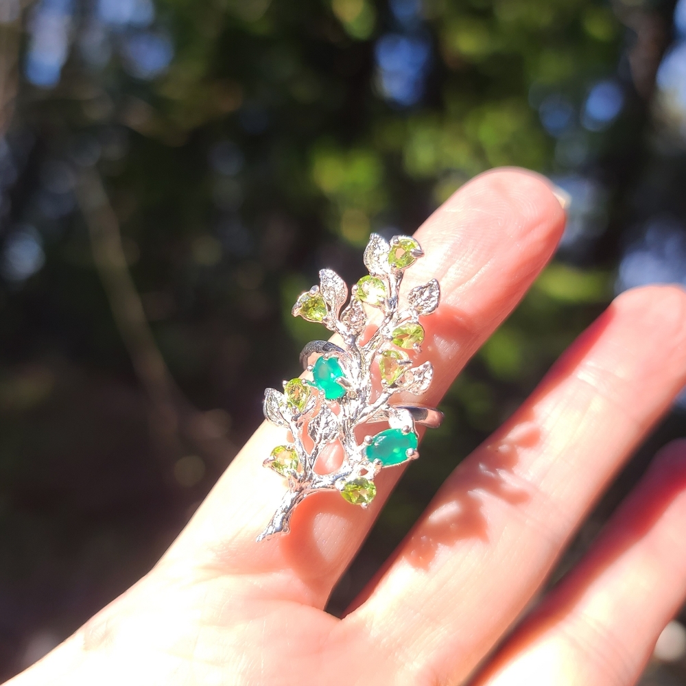 Peridot & Green Onyx sterling floral finger cuff sz6.5